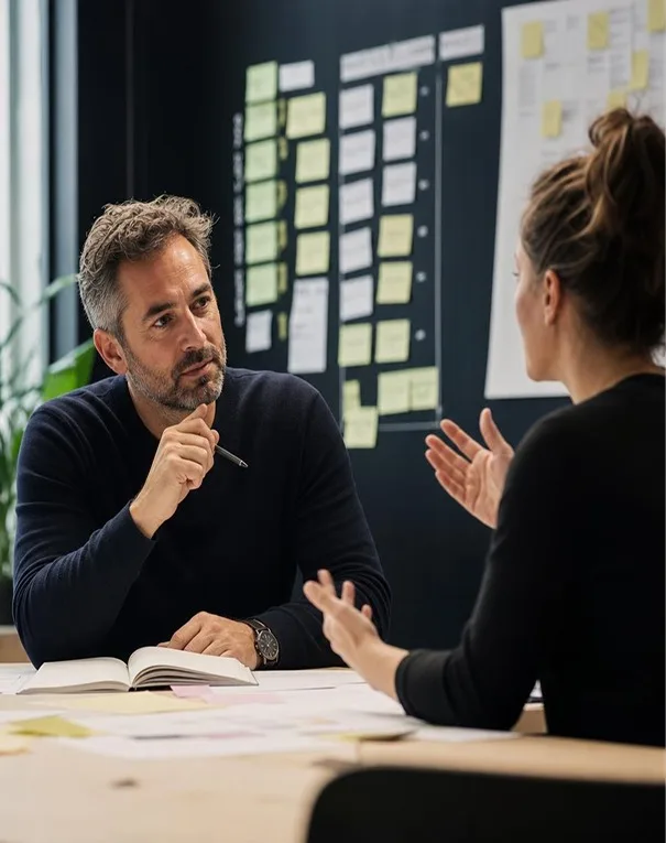 A product lead in a discovery workshop, listening as a client talks through her idea at a wall of sticky notes.