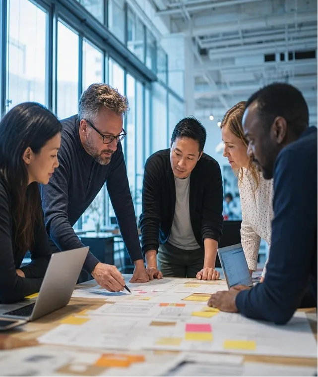 An MVP development team planning a first release around wireframes and sticky notes.