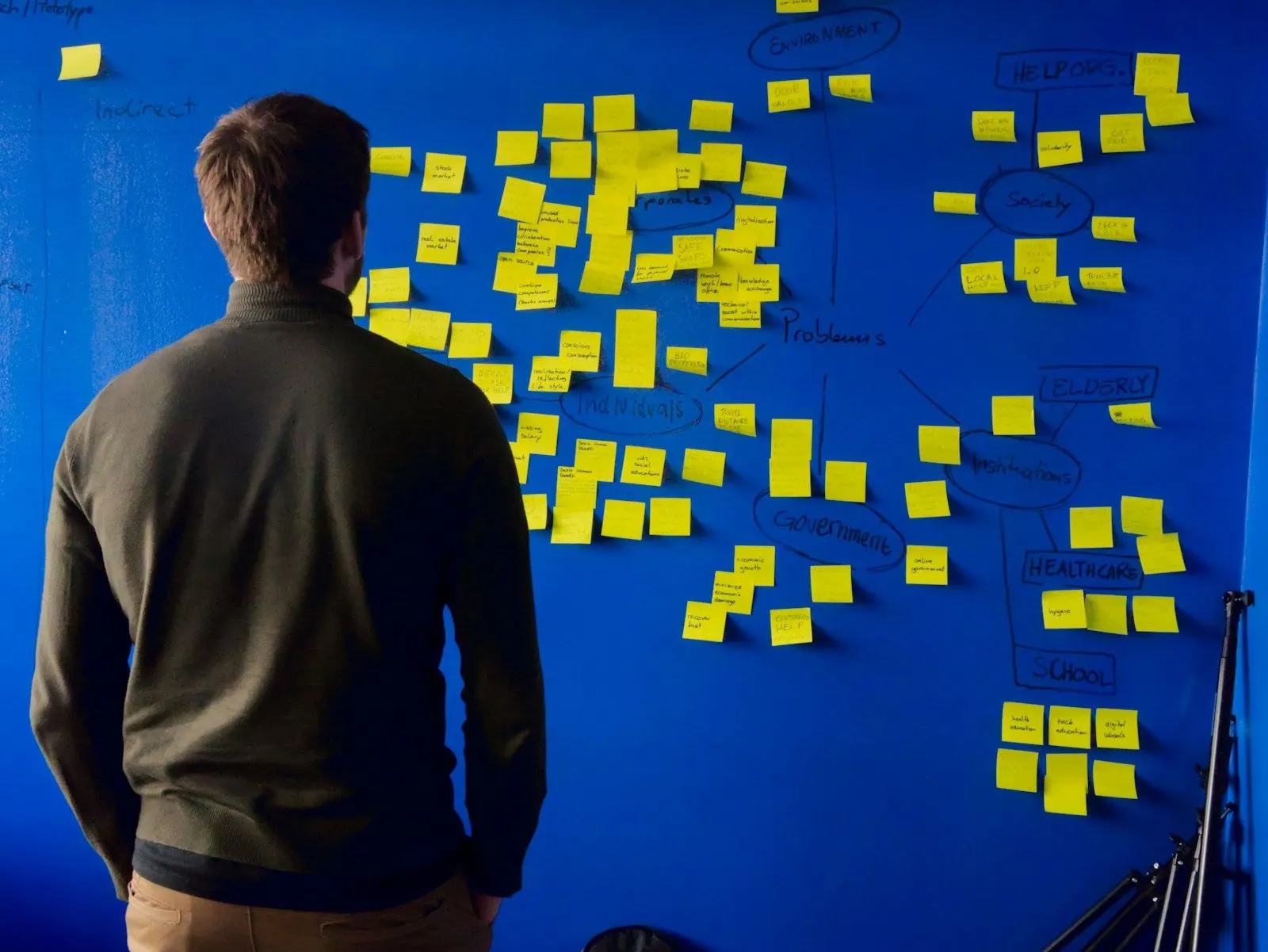 A man studies a wall covered in yellow sticky notes.