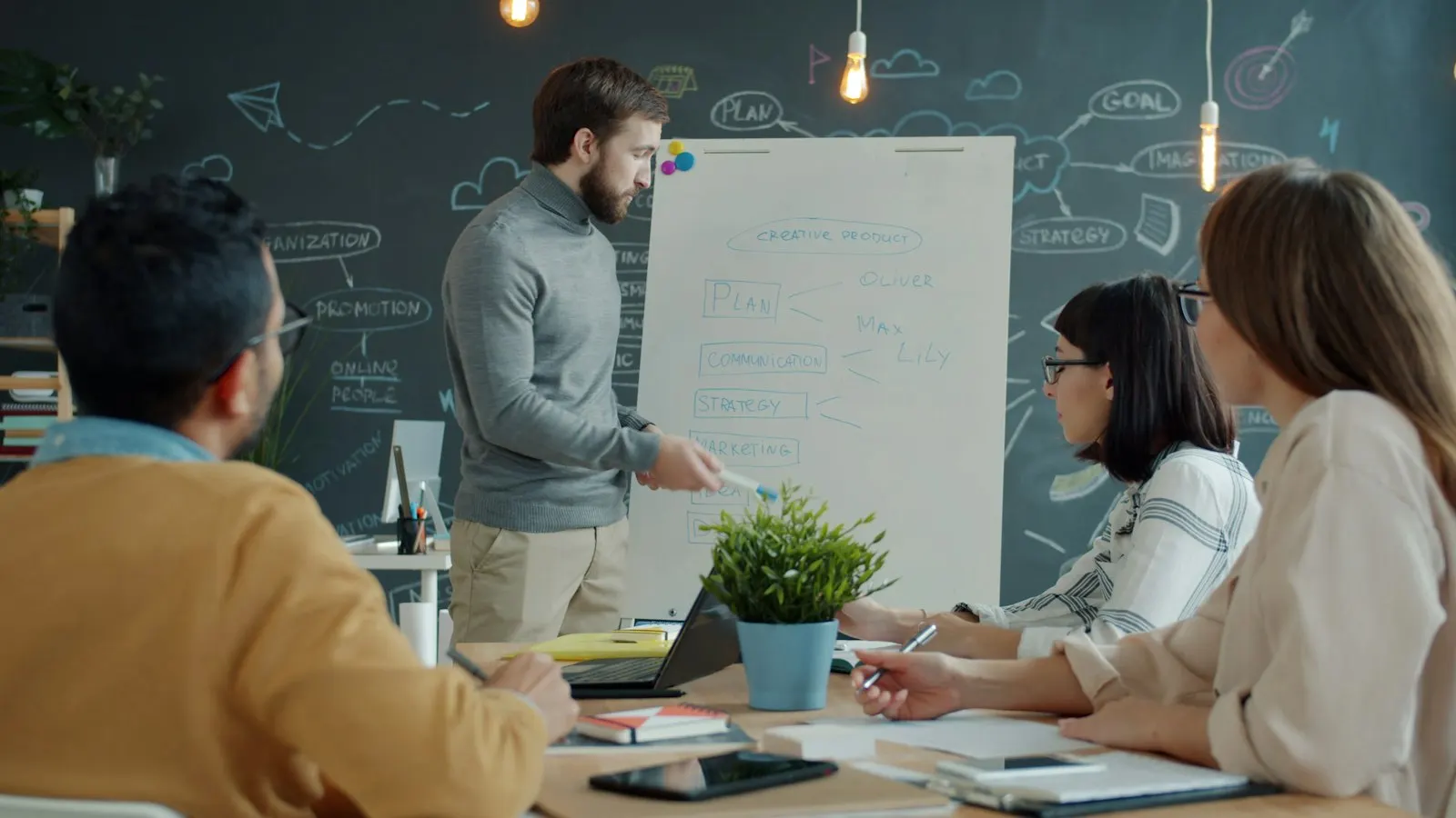 A hired product manager leads a whiteboard discovery session with the team.