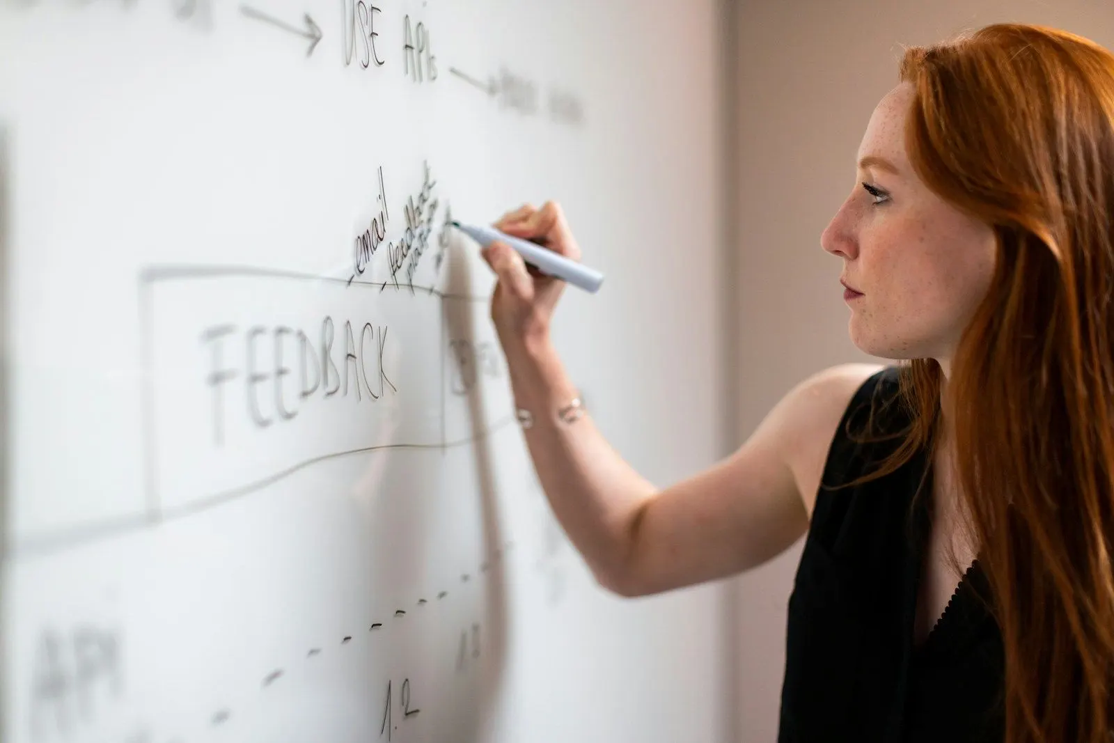 A UI designer with red hair writes interface feedback notes on a whiteboard.