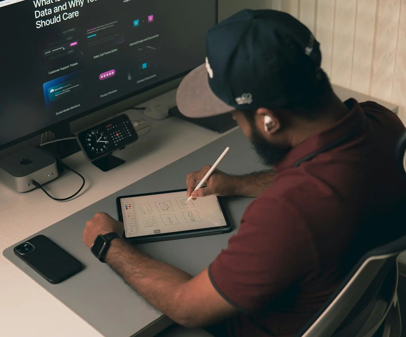 A UI/UX designer in a cap sketches on a tablet with a stylus at his desk.