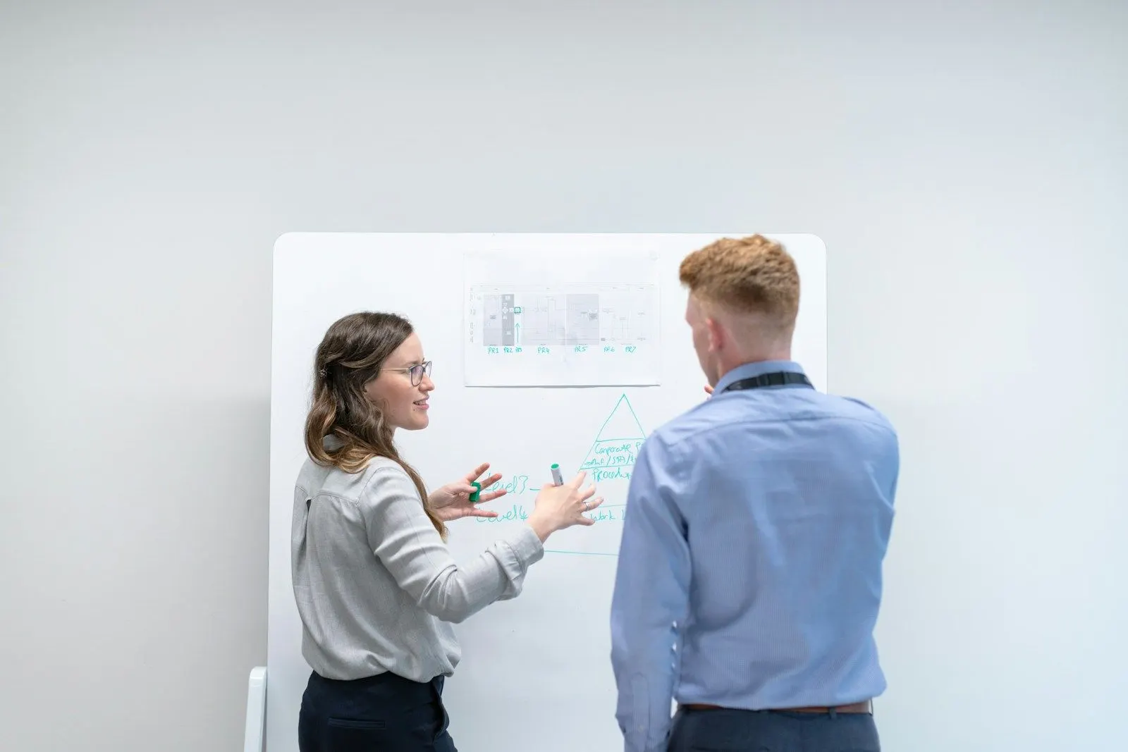 A lead business analyst discussing a chart pinned to a whiteboard with a colleague.