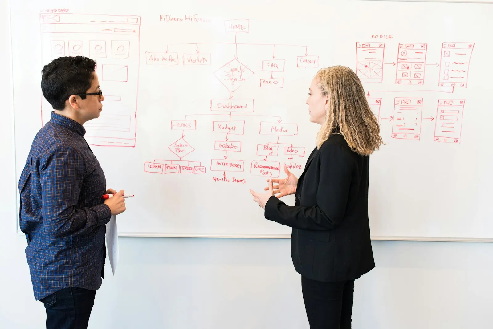Two .NET engineers talking through a system diagram on a whiteboard.