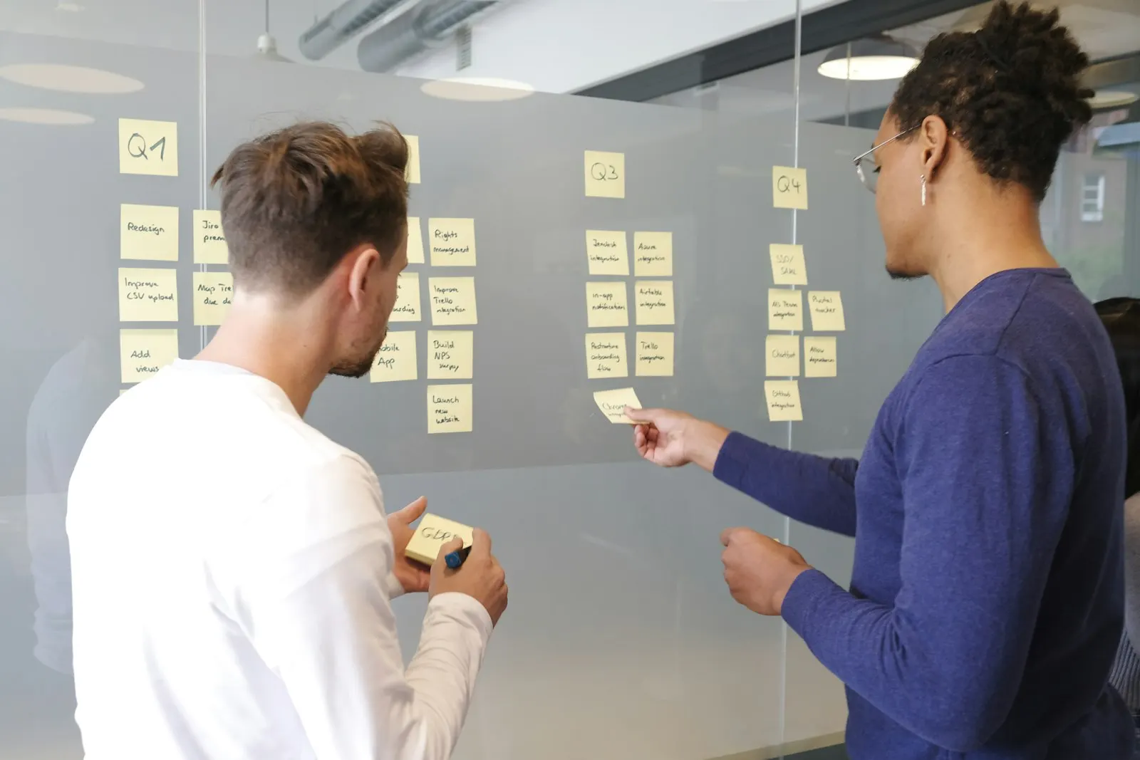 Two teammates in a product discovery session mapping a plan on a wall of sticky notes.