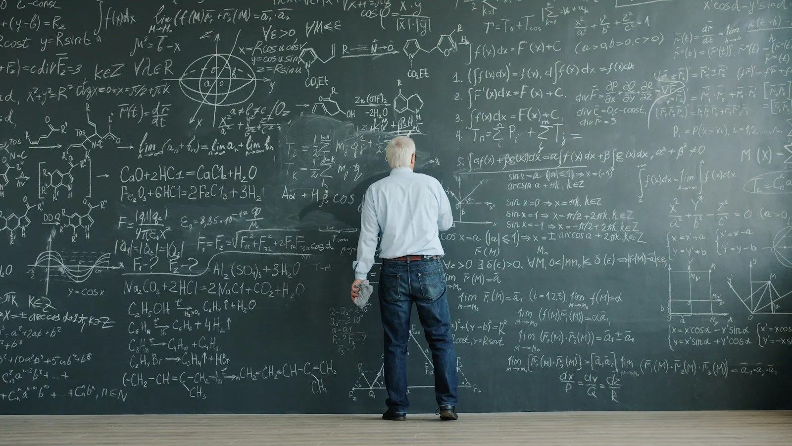 A Machine Learning developer working through equations on a chalkboard covered in formulas.