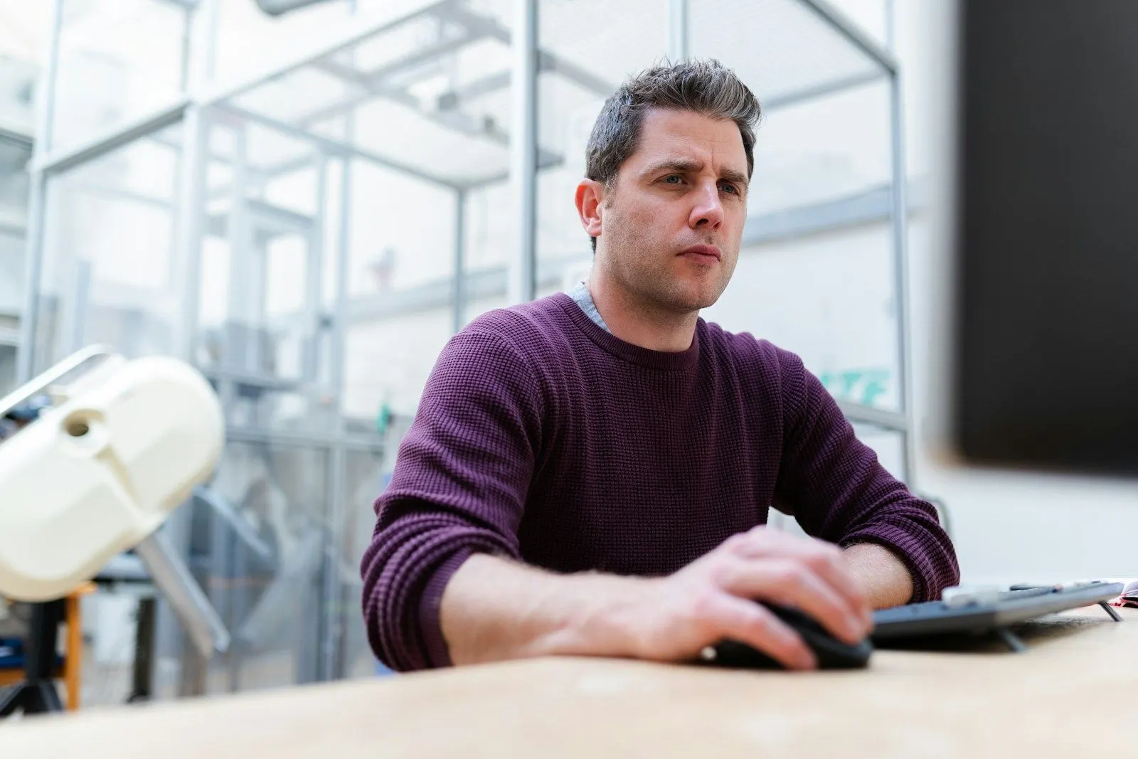 A Machine Learning developer in a maroon sweater working at a computer in a lab.