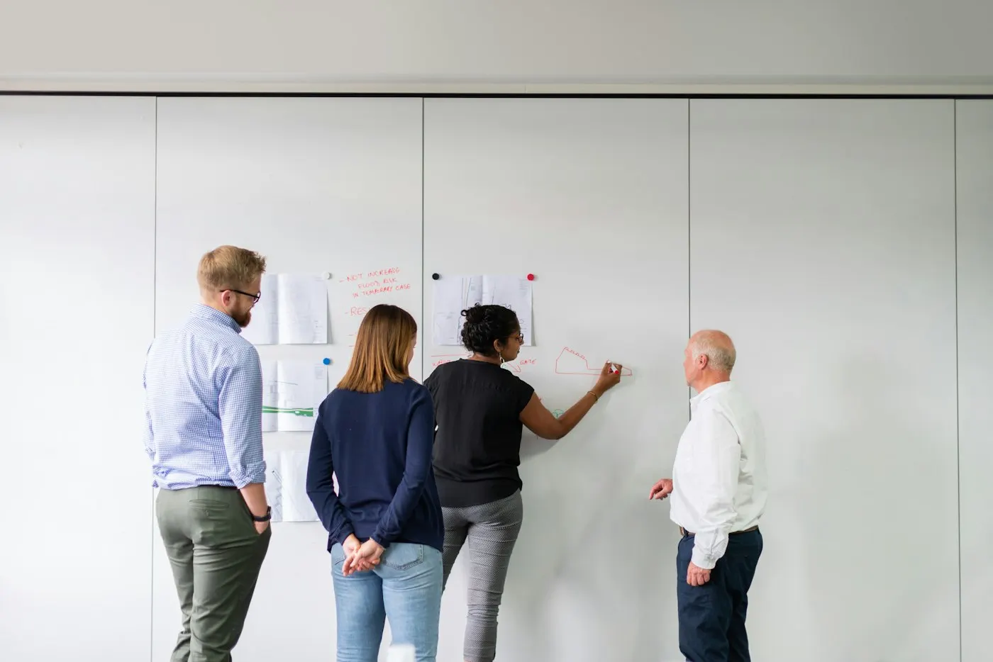 A new team plans its first sprint at a wall of notes.