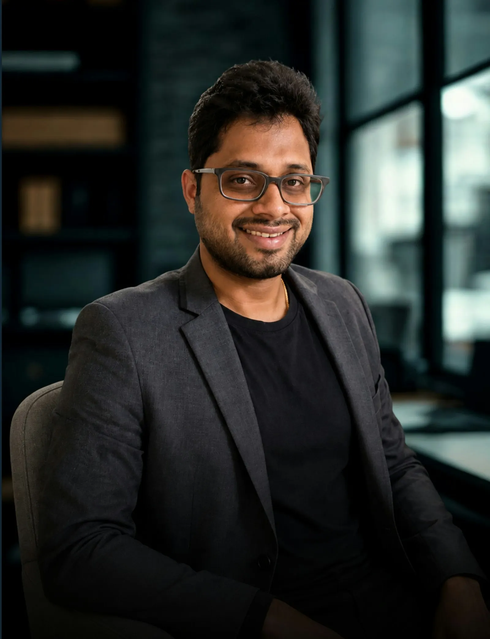 An offshore technical lead in India smiles in an office.
