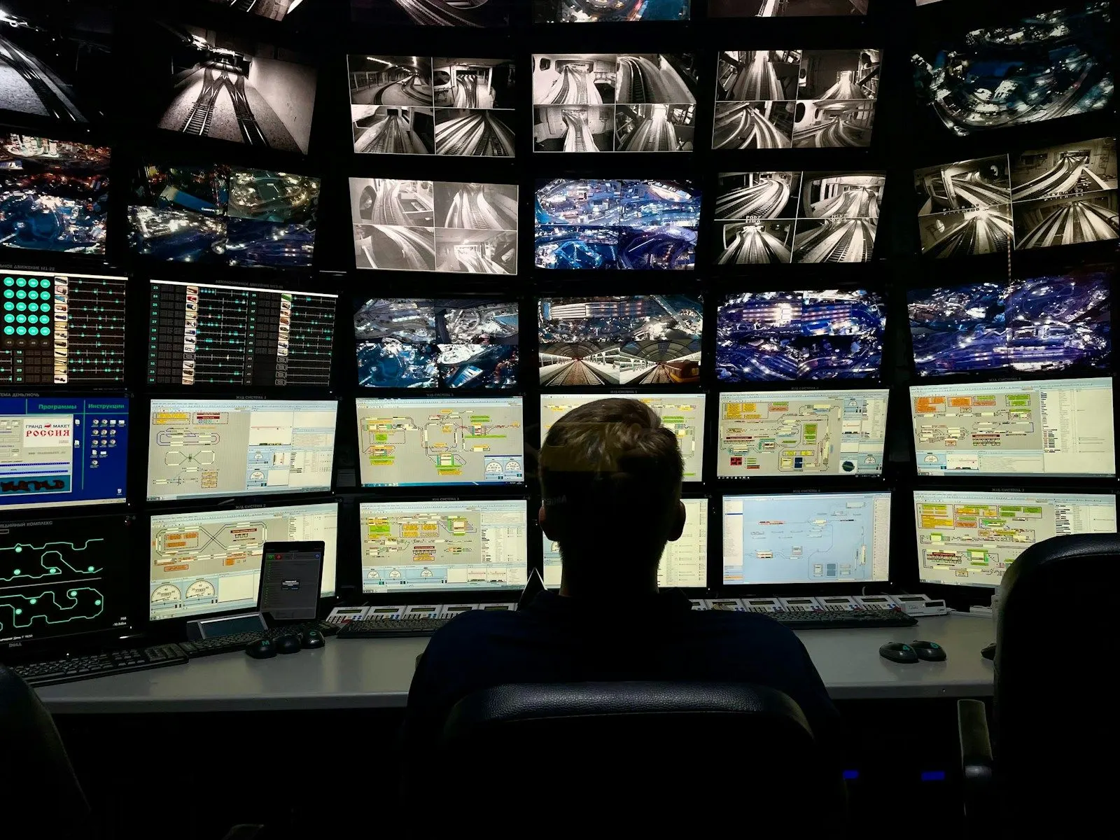 A cloud architect watches a wall of monitoring screens in a control room.