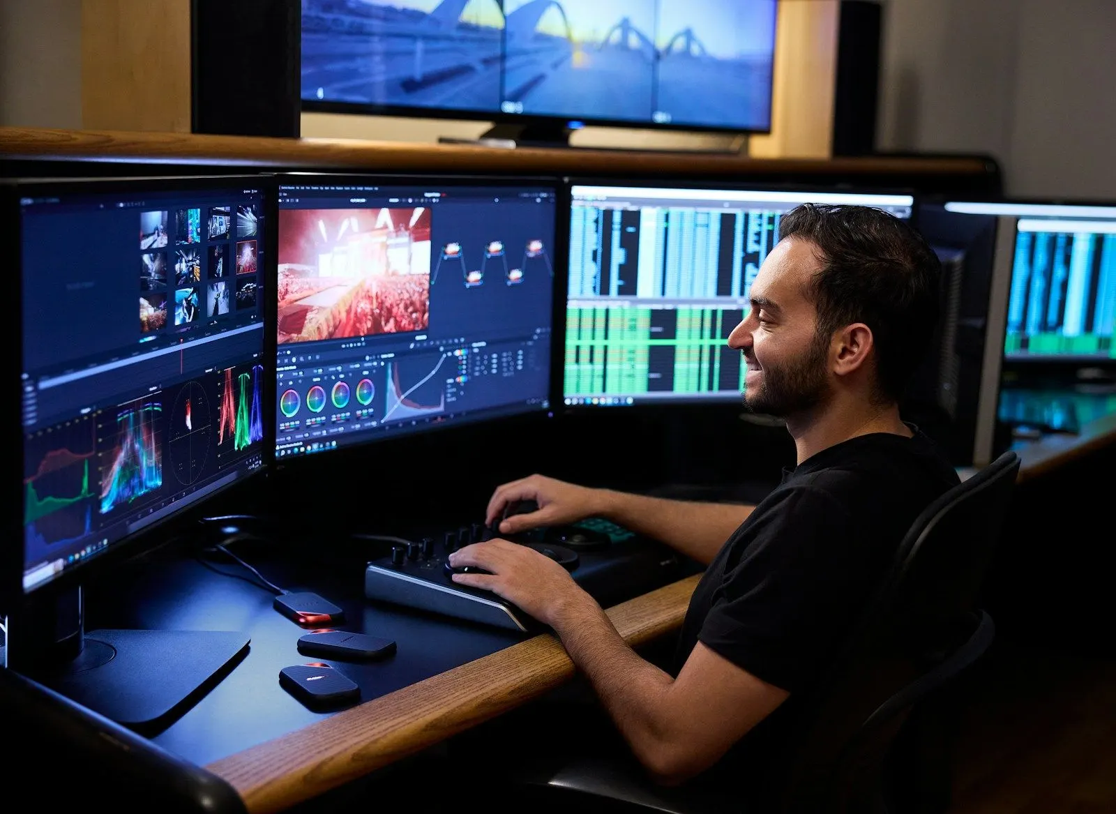 A site reliability engineer smiles as he works across a bank of monitors.