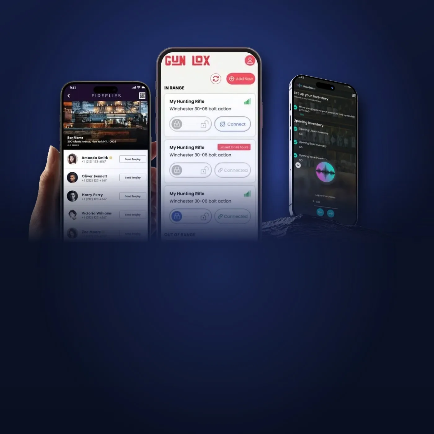 The Fireflies, GunLox and VoiceStar.ai apps on three phones.
