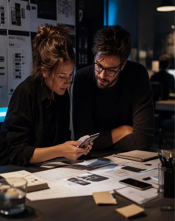 Two engineers reviewing a prototype on a phone beside printed screens during a prototype-to-launch build.