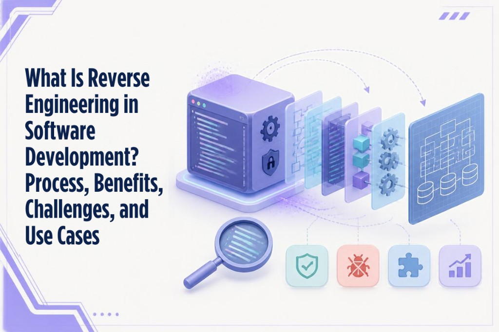 Reverse engineering in software development: a legacy application broken into code, component and architecture layers, with security, debugging, integration and performance icons